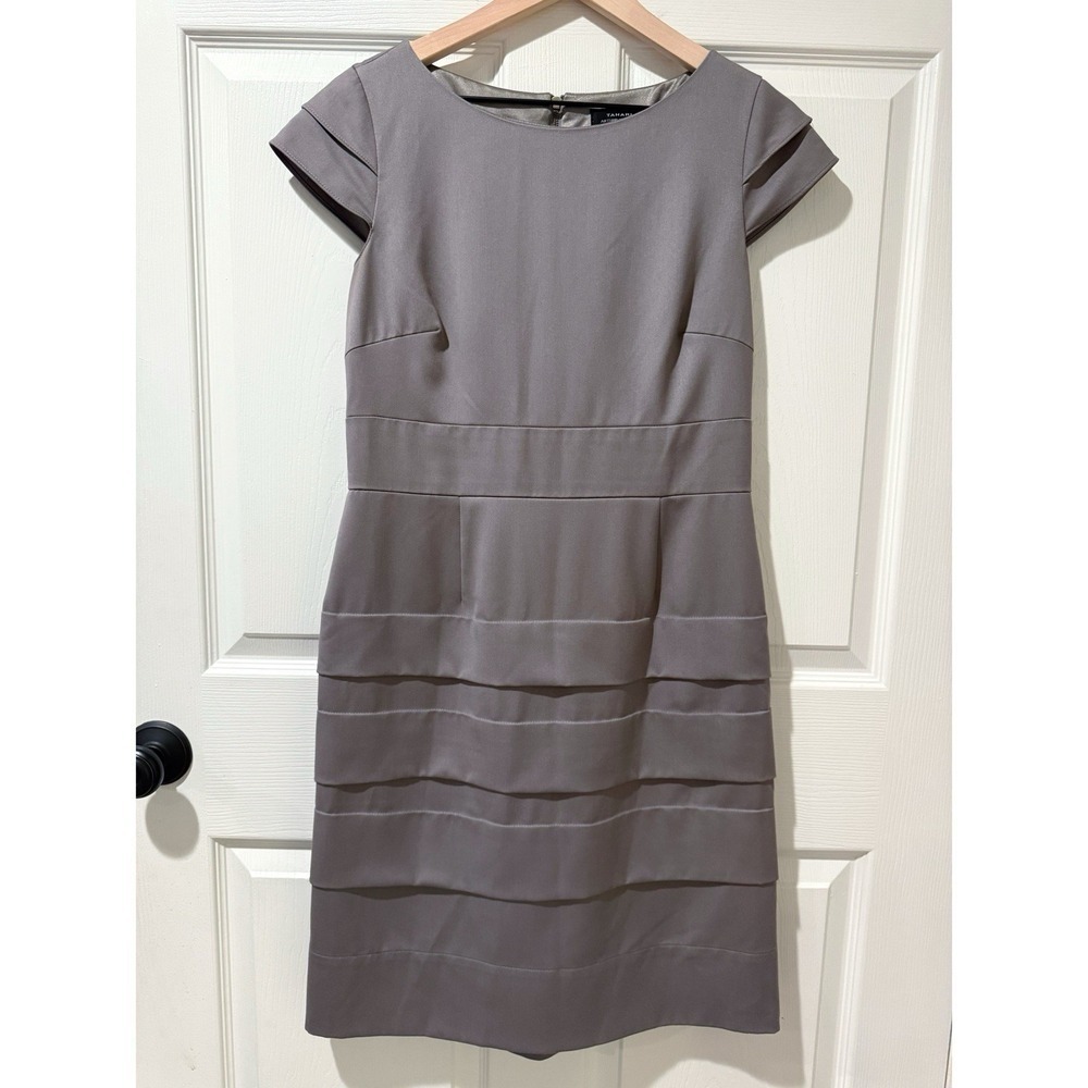 Tahari Arthur Levine Gray Layered Cap Sleeve Sheath Dress Career Minimal 8
